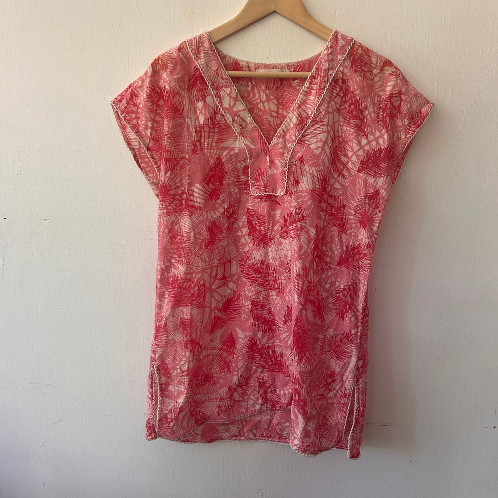 Tory Burch Tunic Coverup Womens Medium Pink Palm Print Resortwear Boho Luxe